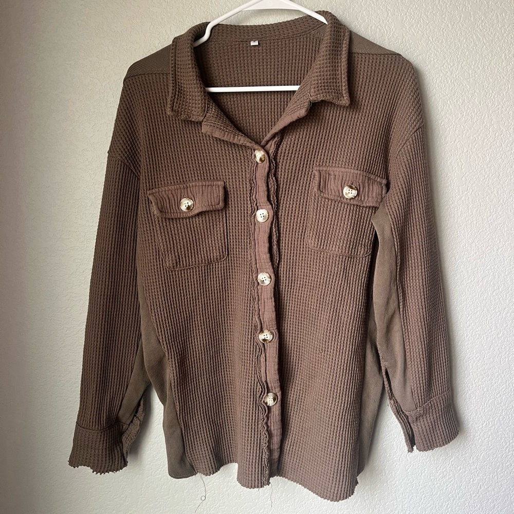 Brown Button-Up Waffle Knit Shirt